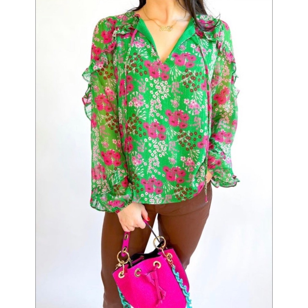 Sugarlips Womens Green Pink Floral Ruffle Long Sleeve Blouse Metallic Shimmer XS
